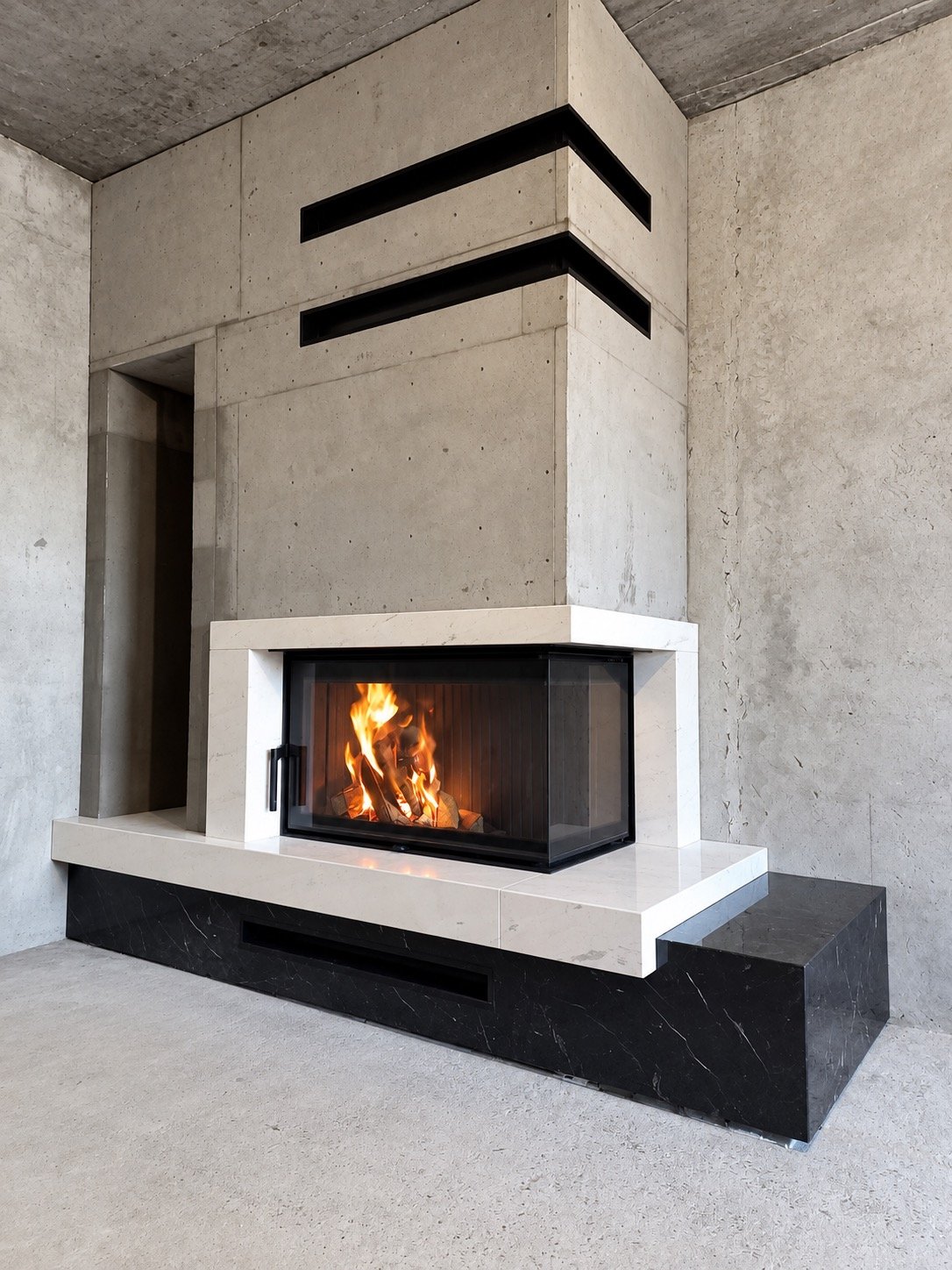 Modern feature fireplace with polished concrete surround