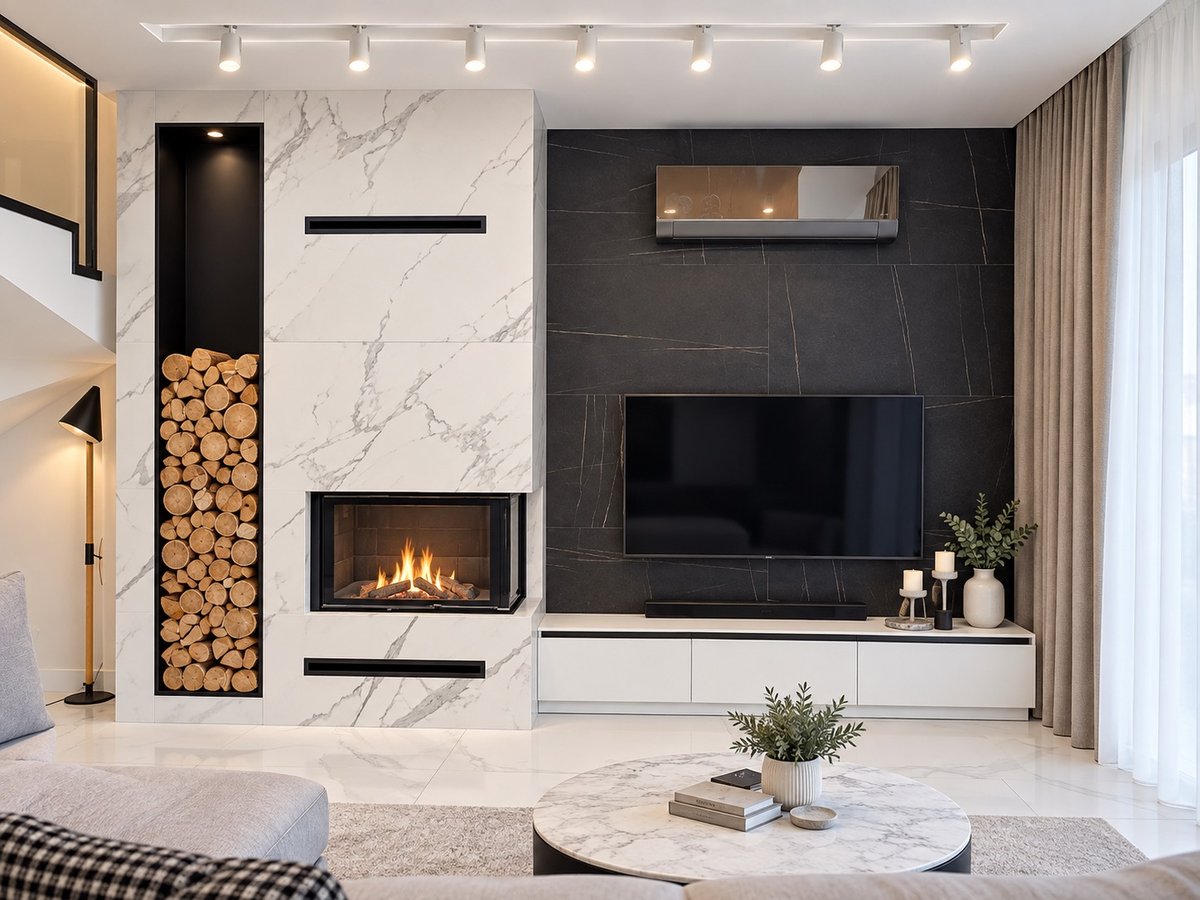 Marble feature fireplace with media wall