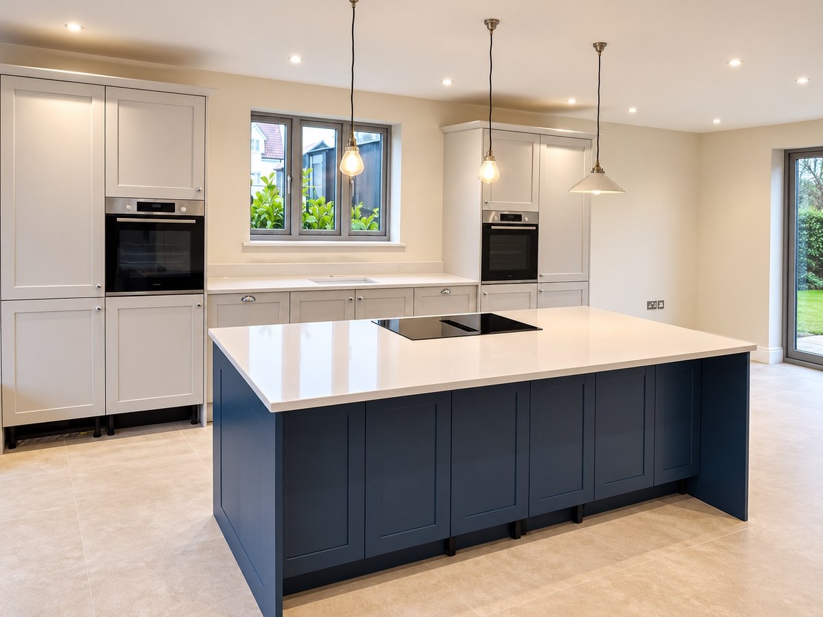 Navy kitchen island with quartz worktop
