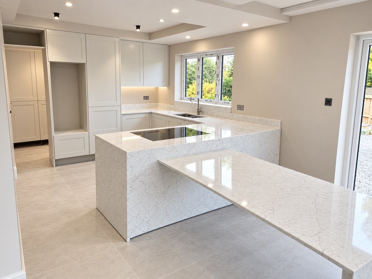 U-shaped kitchen renovation with quartz worktops