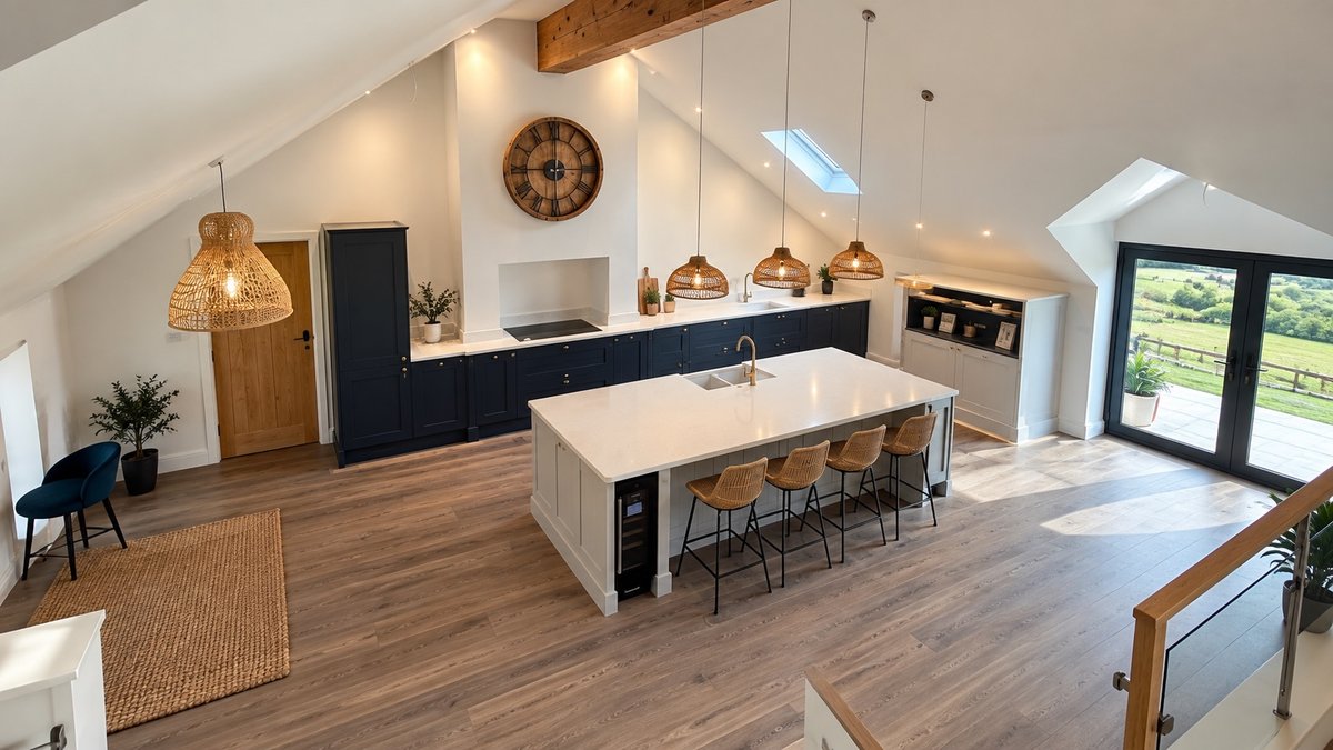 Vaulted loft conversion kitchen-diner with island and skylight
