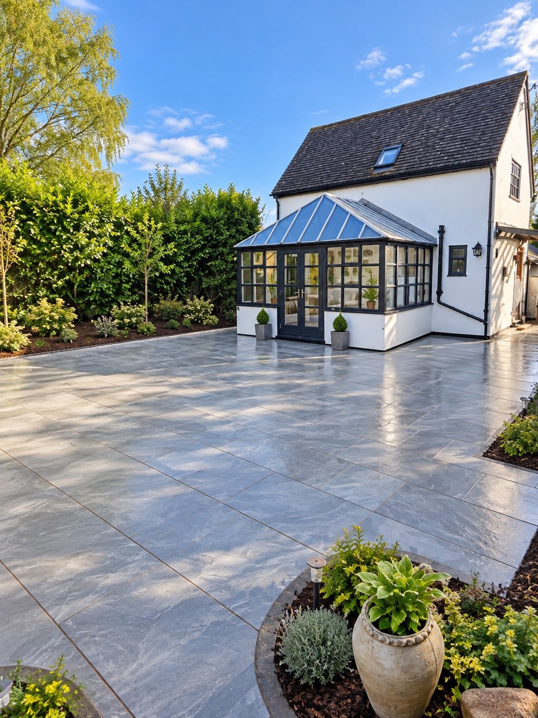 Landscaped patio with garden room and planting