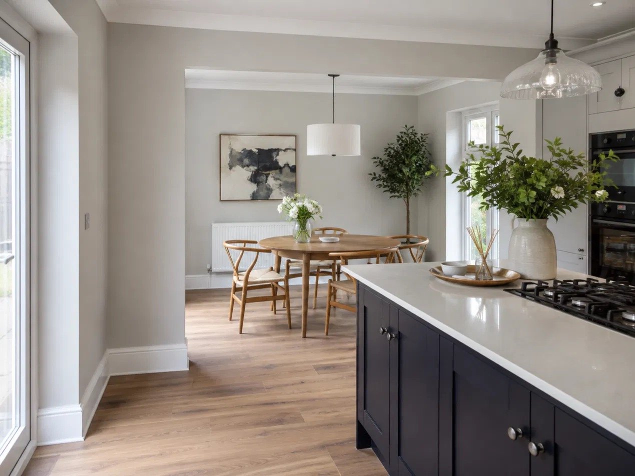 Open-plan kitchen and dining extension with island and wishbone chairs