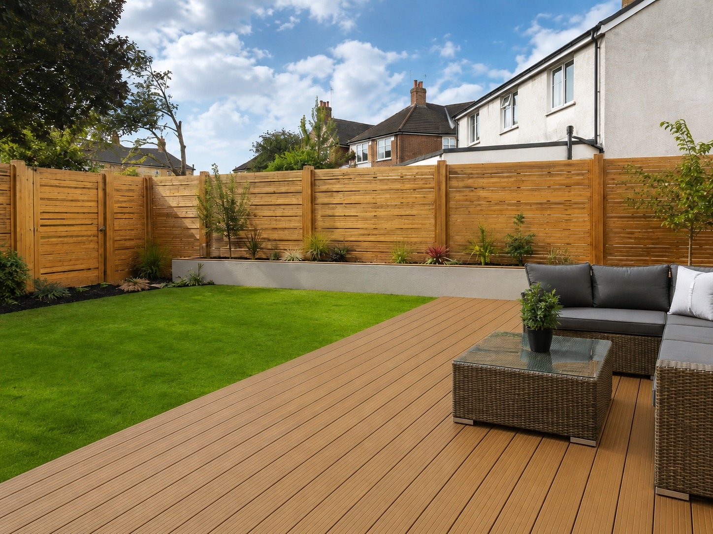 Landscaped garden with composite decking, patio seating and new fencing