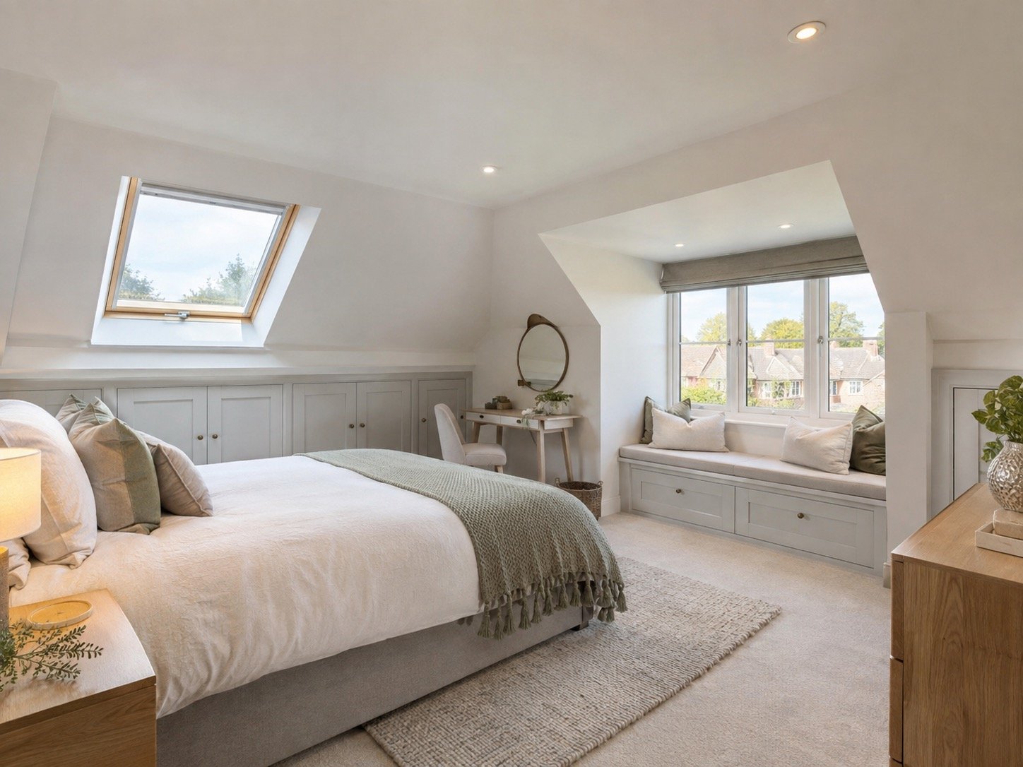 Finished loft conversion bedroom with dormer window seat and skylight