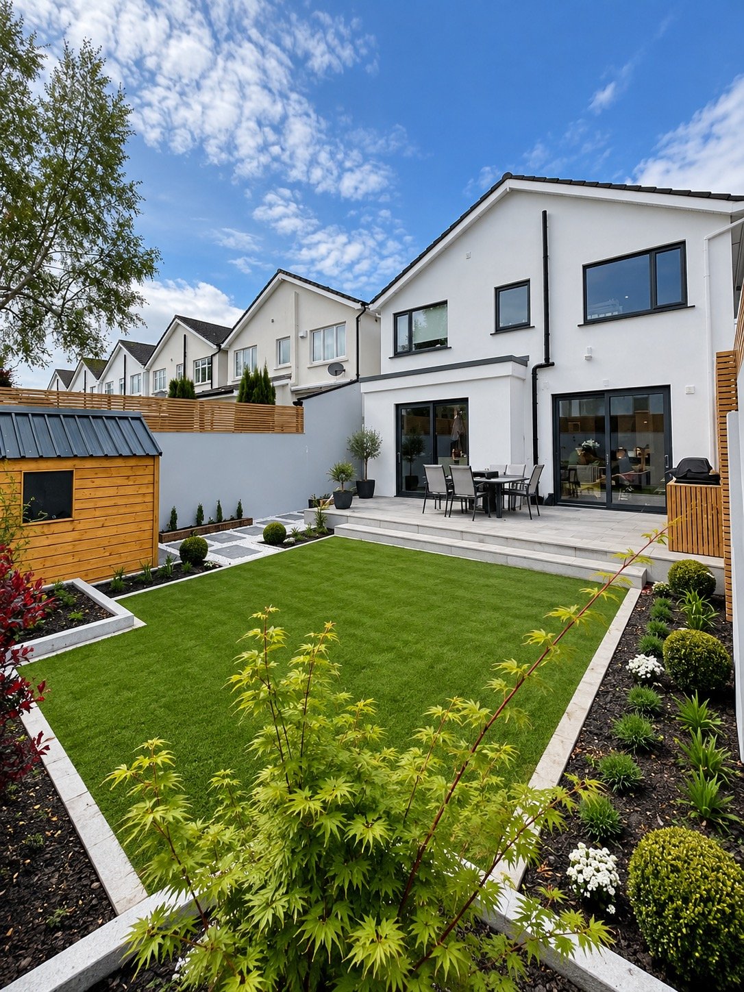 Landscaped rear garden with patio, artificial lawn and planting