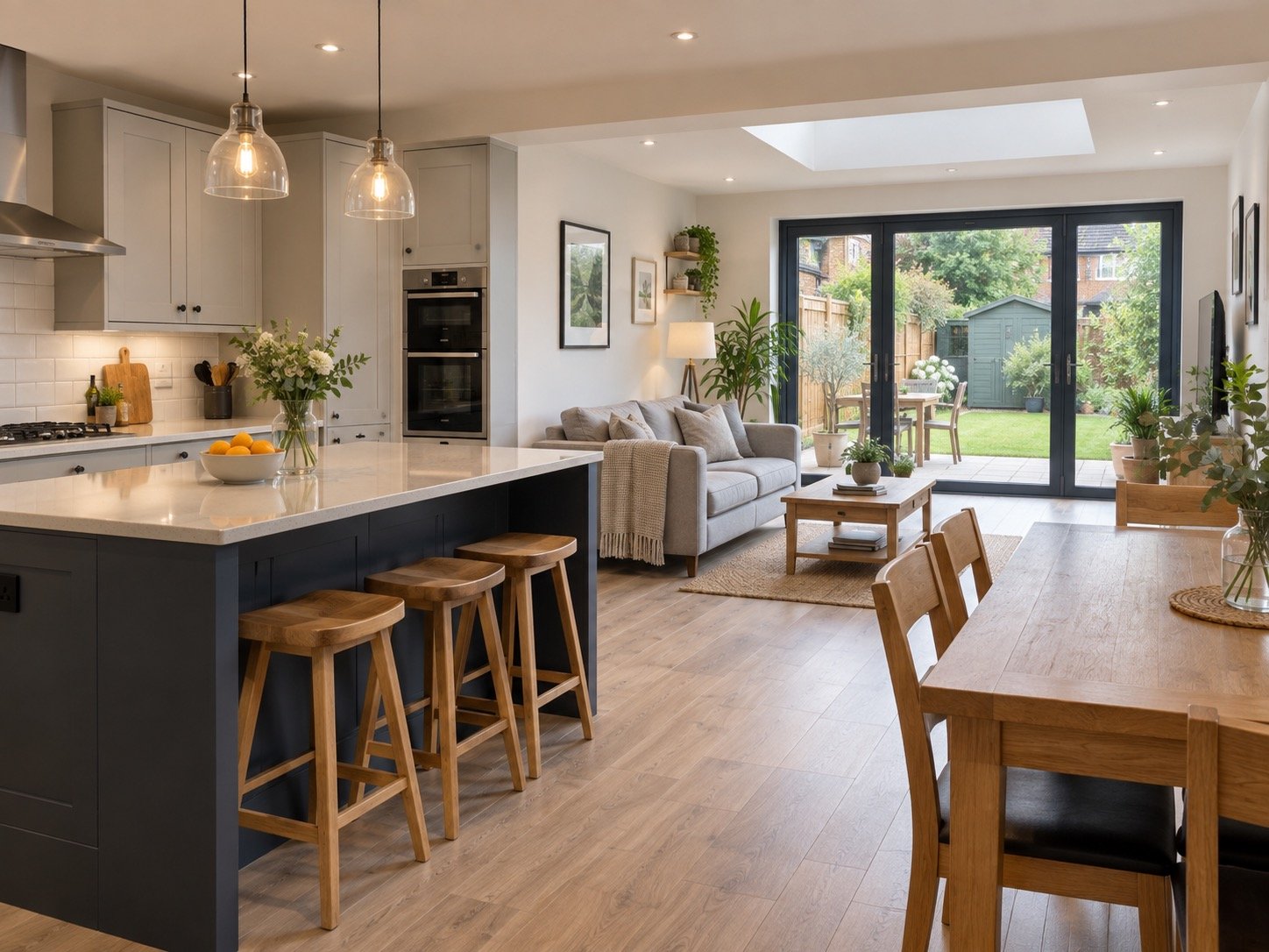 Open-plan kitchen and living space renovation with island and bi-fold doors